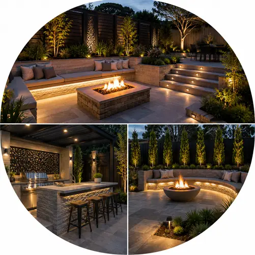 Custom hardscaping and outdoor living space featuring a built-in fire pit, masonry seating, and integrated