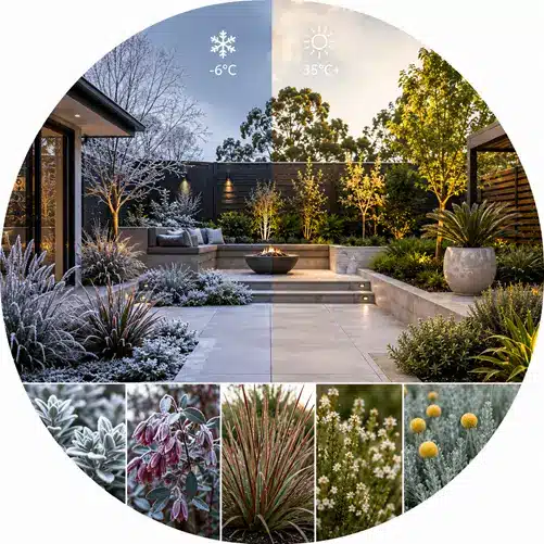 Circular graphic illustrating Belconnen landscape resilience, showcasing frost and heat extremes with native plantings and