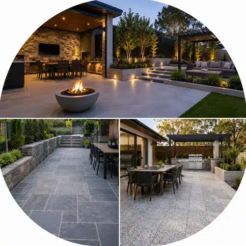 Stylish alfresco living area featuring granite paving, a built-in outdoor kitchen, and a fire pit,