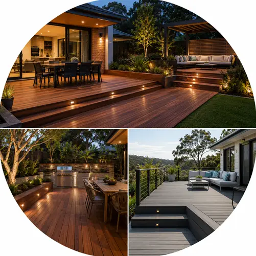 Custom Blackbutt and Trex composite decking expands outdoor living spaces in Canberra, featuring integrated lighting
