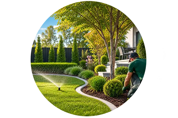 Realityscapes CBR gardener maintaining a low-maintenance garden with irrigation, showcasing seasonal pruning and lawn restoration